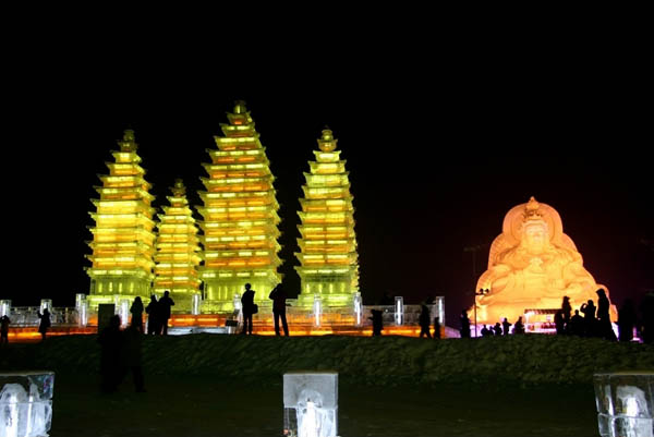 pagodas and Buddha Statue on ice lantern show